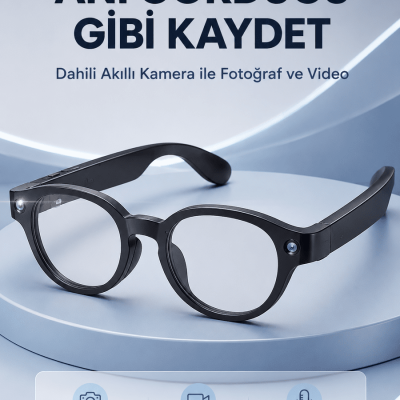 Siyah Bluetooth Akıllı Gözlük Dahili Kameralı Fotoğraf Video Kayıt AI Çeviri Dokunmatik Kontrol Özellikli