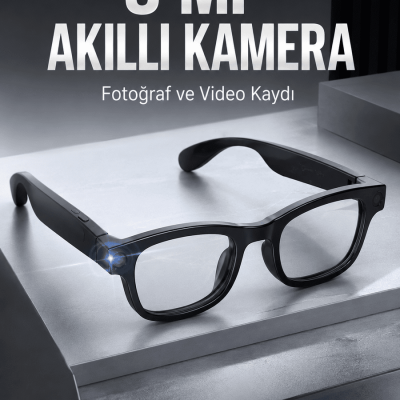Siyah Bluetooth Akıllı Kamera Gözlüğü 8 MP Kameralı AI Çeviri Wi-Fi Fotoğraf Video Müzik Arama ve Dokunmatik Kontrollü