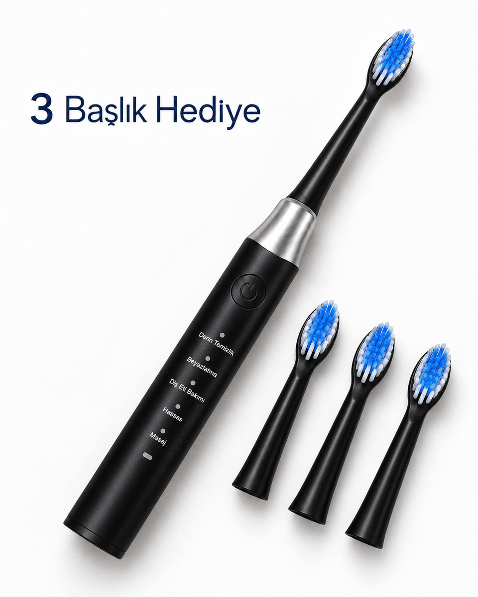 Hassas ve Masaj Modlu Siyah Elektrikli Diş Fırçası USB Şarjlı 3 Başlık Hediyeli