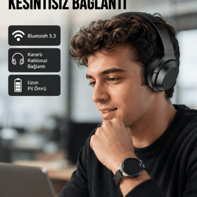 Siyah Kablosuz Bluetooth Kulaklık 300 mAh Hızlı Şarj Katlanabilir Pedli Yeni Nesil
