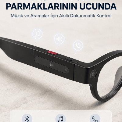 Siyah Kameralı Akıllı Gözlük AI Görüntü Tanıma Bluetooth Müzik Telefon Görüşme Dokunmatik Kontrollü