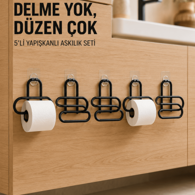 Siyah Metal Tuvalet Kağıdı Tutucu 5’li Set Yapışkanlı Duvar Tipi Banyo WC Askısı
