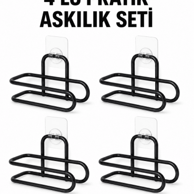 Siyah Metal WC Kağıtlık Yapışkanlı Duvar Tipi Tuvalet Kağıdı Tutucu Seti 4 Adet