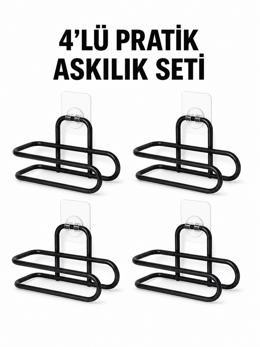 Siyah Metal WC Kağıtlık Yapışkanlı Duvar Tipi Tuvalet Kağıdı Tutucu Seti 4 Adet