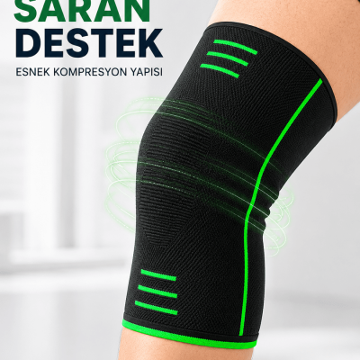 Siyah Yeşil Diz Desteği Esnek Örme Kumaşlı Spor Dizlik