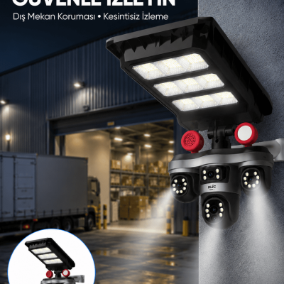 Solar Panelli 3 Lens Dış Mekan Güvenlik Kamerası Hareket Algılamalı LED Aydınlatmalı