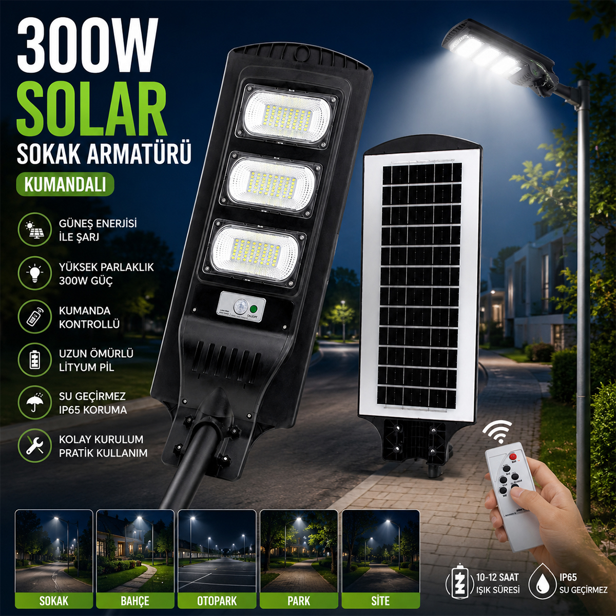 Solar Sokak Lambası 300W 6500K Sensörlü Kumandalı
