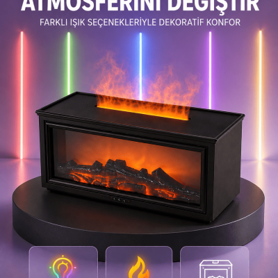 Şömine Görünümlü Hava Nemlendirici Renkli LED Işıklı Aroma Difüzörü