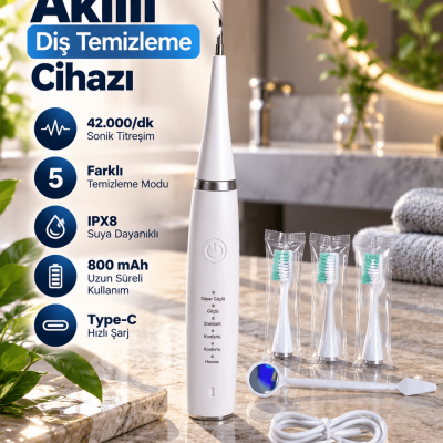 Sonic Titreşimli Akıllı Diş Temizleme Cihazı Type C Şarjlı 5 Kademeli Temizleme Sistemi