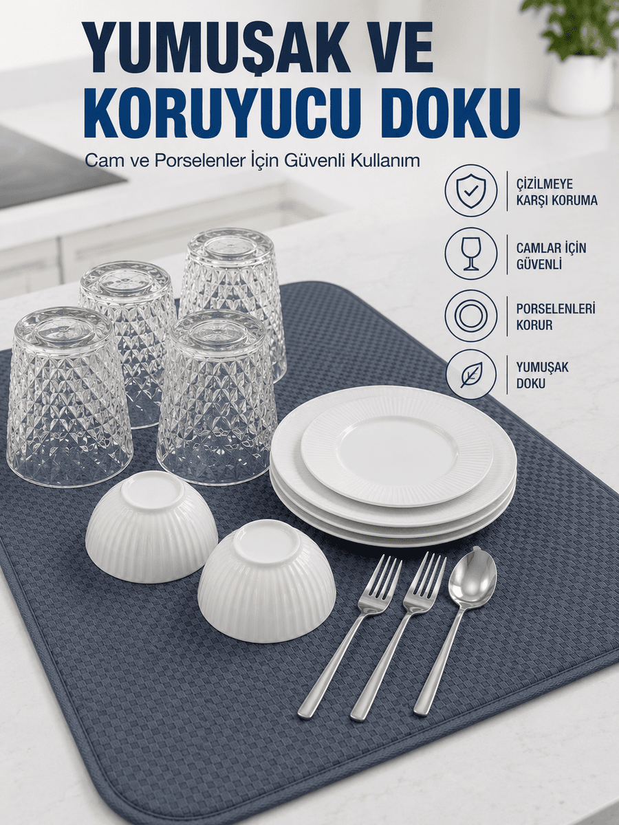 Su Emici Bulaşık Kurutma Matı Kaydırmaz ve Yumuşak Dokulu Kurutmalık