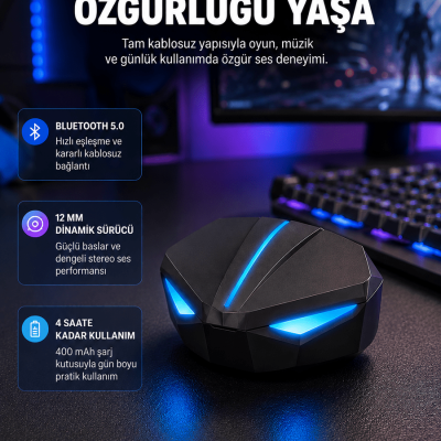 Tam Kablosuz Oyuncu Kulaklığı 5.0 Bluetooth LED Kontrollü Yeni Nesil