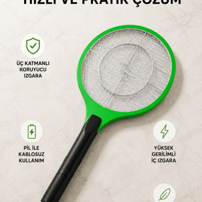 Taşınabilir Elektronik Sineklik – Üç Katmanlı Güvenli Izgara ve Kimyasız Koruma