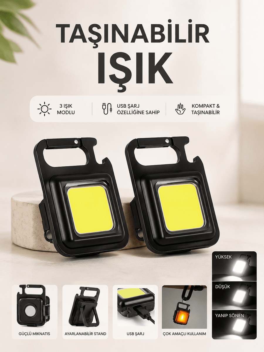 TAŞINABİLİR IŞIK 3 IŞIK MODLU USB ŞARJ ÖZEELİĞİNE SAHİP