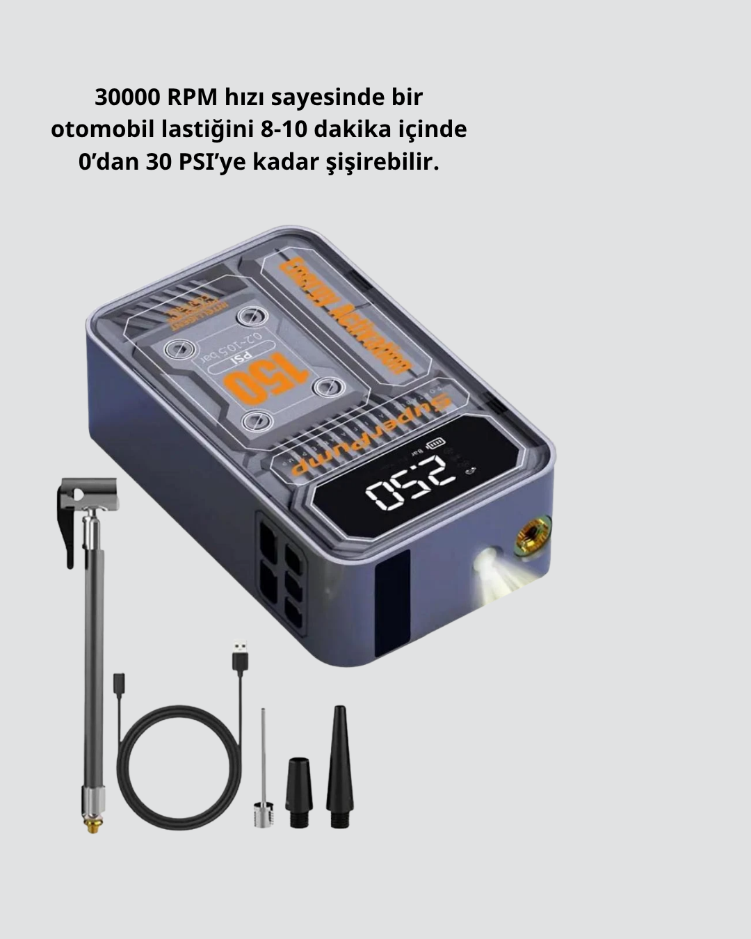 Şarjlı Kablosuz Hava Pompası – 150 PSI Basınç, LED Ekran ve 6000mAh Batarya