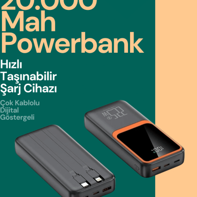 Taşınabilir Şarj Cihazı 20000 mAh | 22.5W Hızlı Şarj + Dijital Ekran + Kablo Dahil