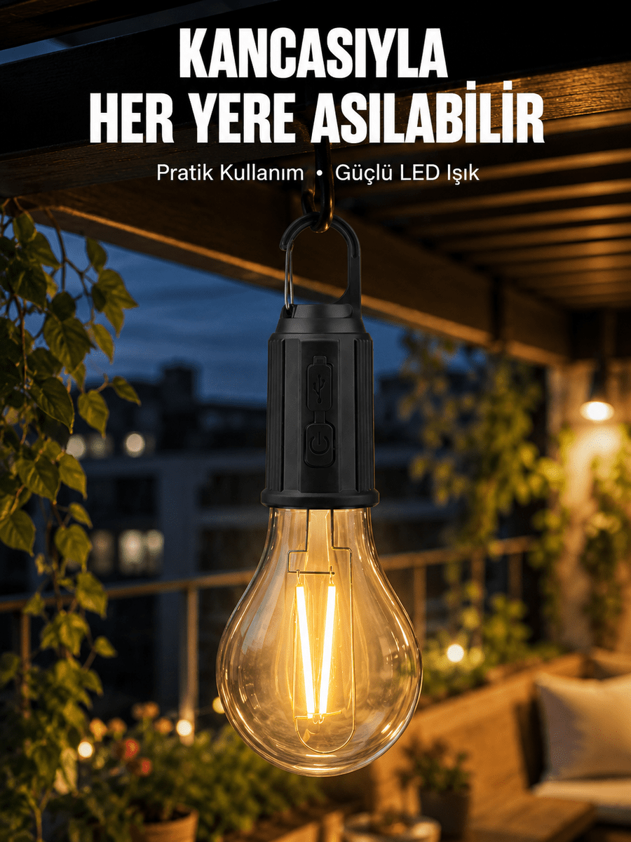 Taşınabilir Şarjlı Led Ampul Askılı Lamba Kamp Bahçe Lambası