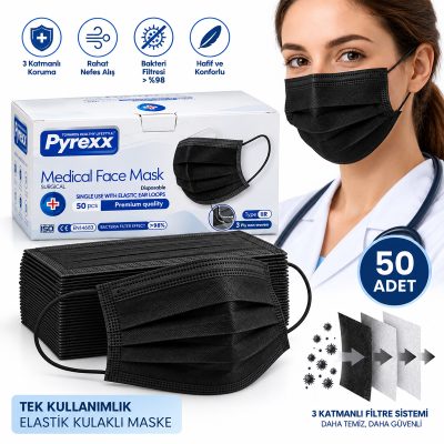 Tek Kullanımlık Medikal Cerrahi Yüz Maskesi Siyah