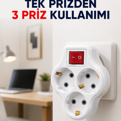Tek Prizi 3’lü Yapan Anahtarlı Priz Adaptörü Topraklı Priz Çoğaltıcı