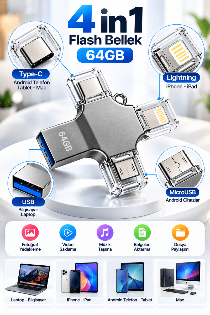 Fotoğraf Video Belge ve Dosyalarınızı Kolayca Aktarmanızı Sağlayan 64GB 4 Girişli Flash Bellek