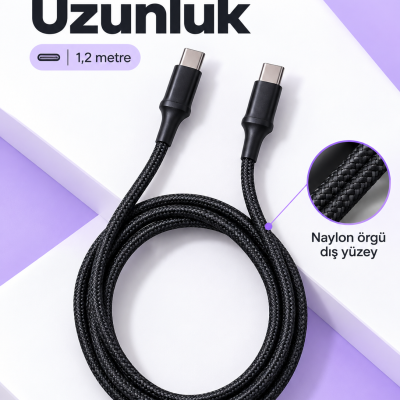 Telefon ve Tablet İçin Type C to Type C Örgülü Şarj Kablosu