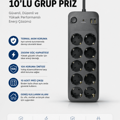 Termal Akım Korumalı USB Type-C Girişli 10'lu Grup Priz 2500W Güç Kapasitesi (Kopya)