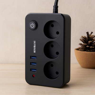 Termal akım korumalı uzatma kablo 3 prizli 3 USB anahtarlı siyah 2MT