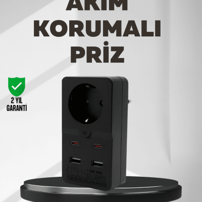 Tip Akım Koruma Prizi 10A 2500W USB Type C Destekli