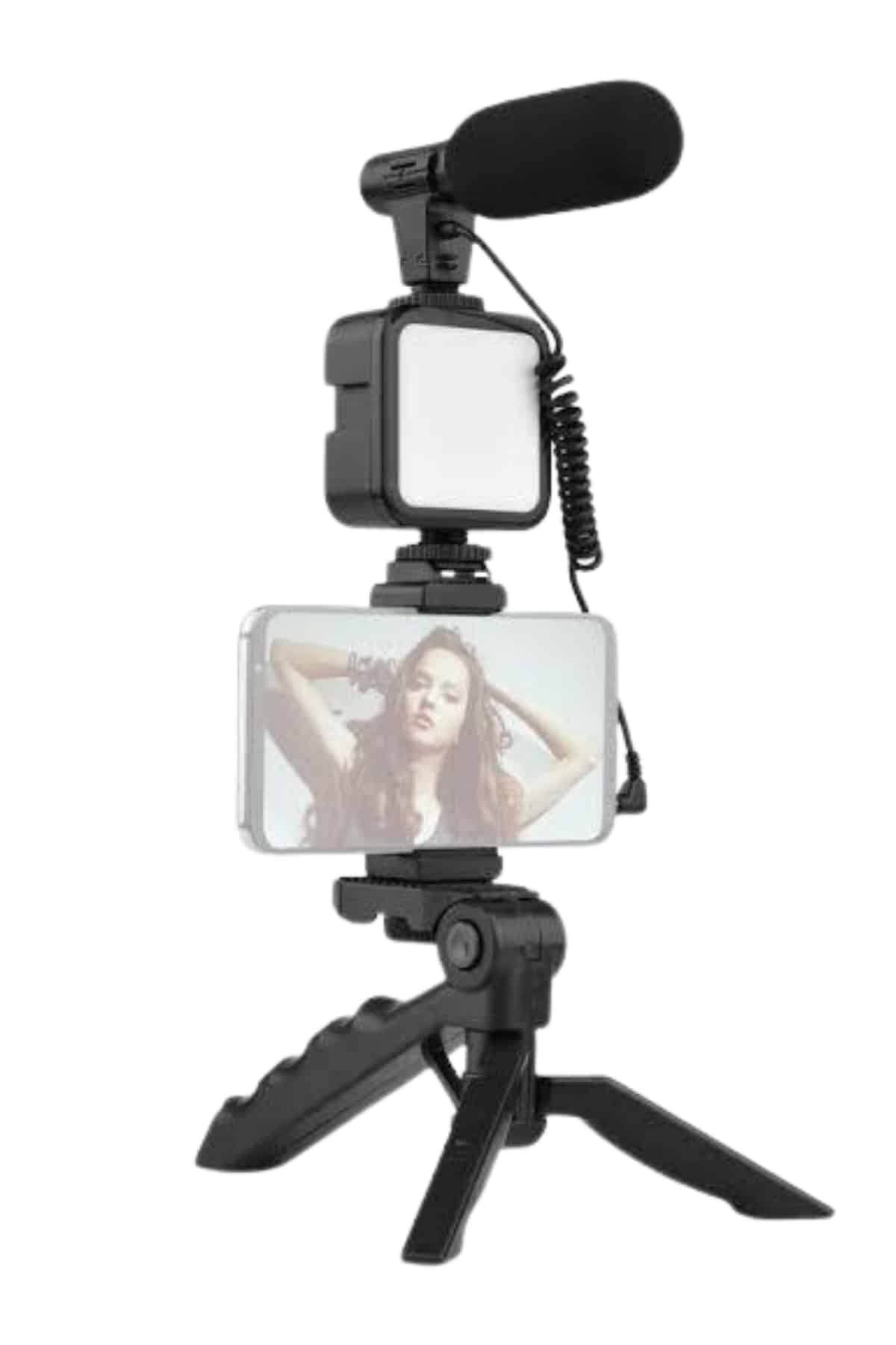 Tripod Telefon Tutucu Kumandalı Mikrofon Led Işık Vlog Video Kayıt