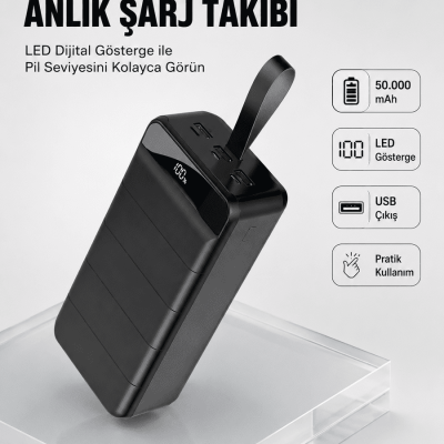 Tüm Cihazlarla Uyumlu 50.000 mAh Powerbank – Yüksek Kapasiteli, LED Gösterge ve Akıllı Koruma Fonksiyonlu