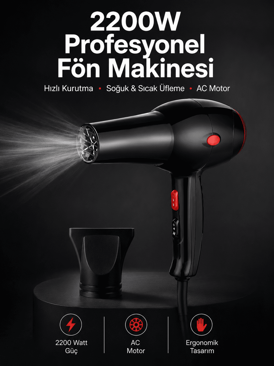 Tüm Saç Tiplerine Uygun, İki Kademeli Hız Ayarlı Fön Makinesi