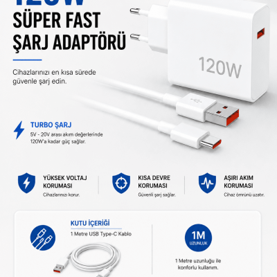 Turbo 120W Hızlı Şarj Cihazı Type-C Kablolu