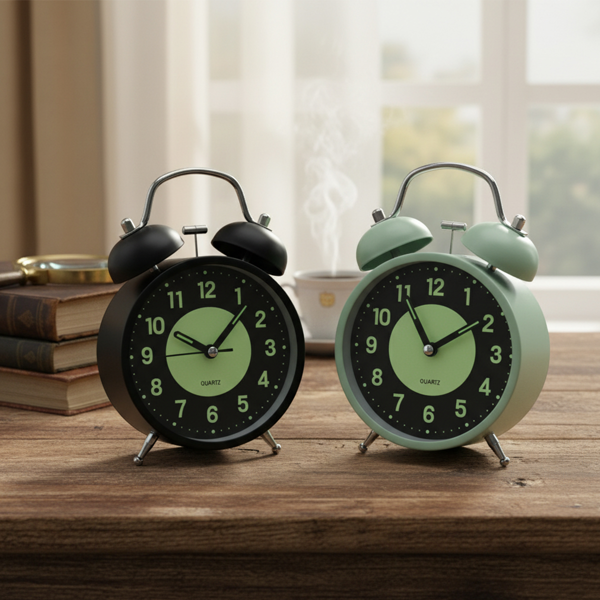 Twin Bell Metal Masa Çalar Saat 11 cm – Pilli, Işıklı, Fosforlu