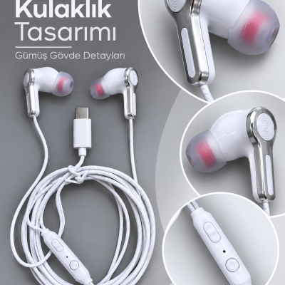 Kumandalı ve Silikon Başlıklı Beyaz Type C Kablolu Kulaklık