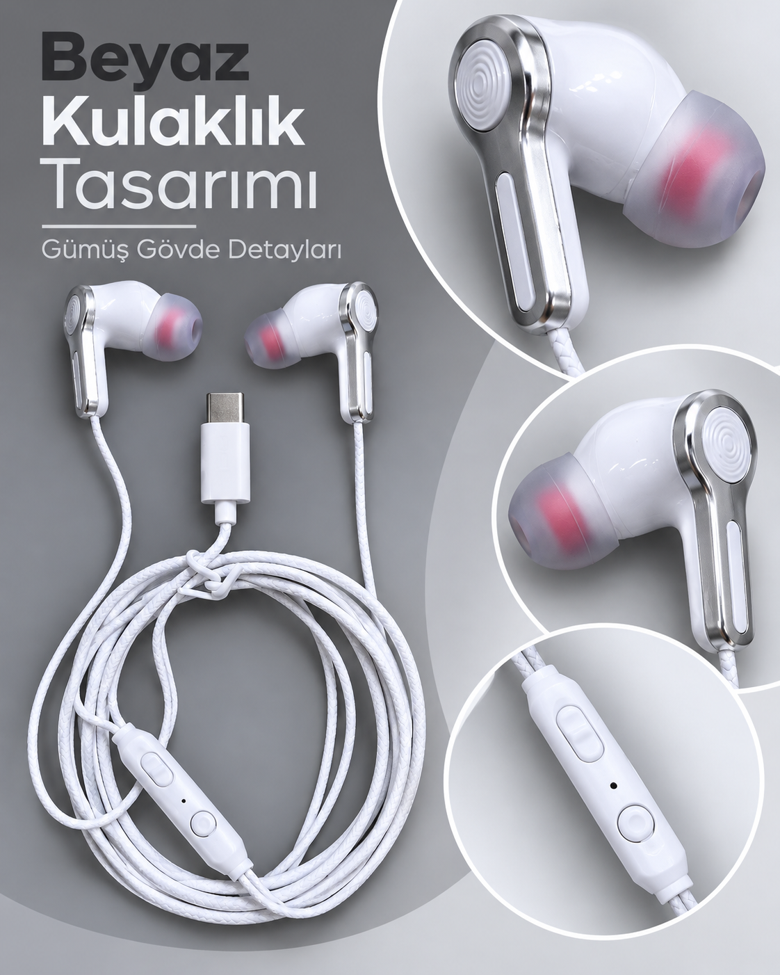 Kumandalı ve Silikon Başlıklı Beyaz Type C Kablolu Kulaklık