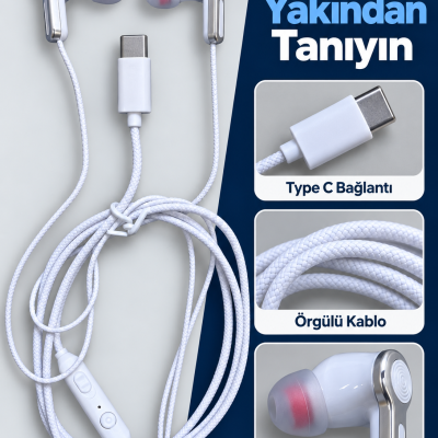 Kumandalı ve Silikon Başlıklı Beyaz Type C Kablolu Kulaklık