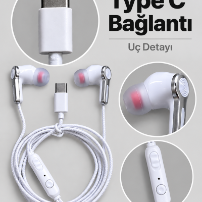 Kumandalı ve Silikon Başlıklı Beyaz Type C Kablolu Kulaklık