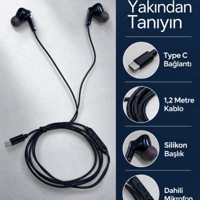 Mikrofonlu ve Kumandalı Kulak İçi Kulaklık Type C Girişli