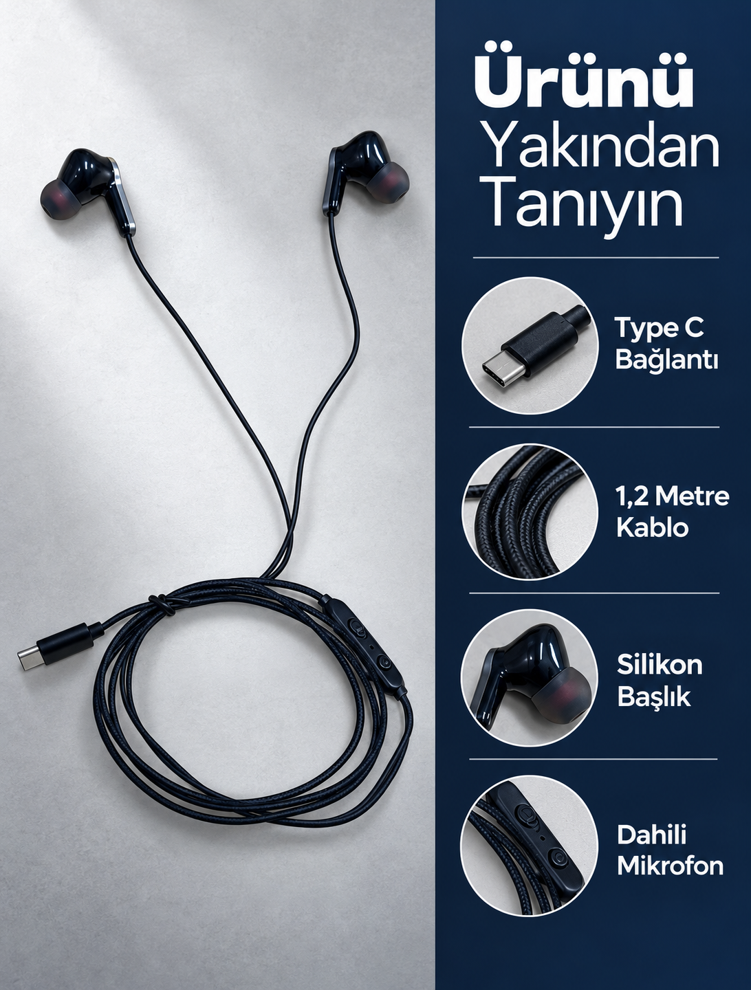 Mikrofonlu ve Kumandalı Kulak İçi Kulaklık Type C Girişli