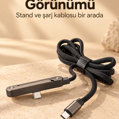 Telefon Standlı Şarj Kablosu Katlanabilir Metal Kollu