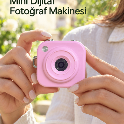Type C Şarjlı Pembe Mini Fotoğraf Makinesi Taşıma Askılı Dijital Kamera