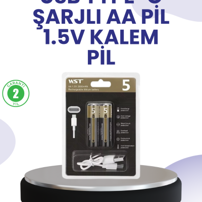 Type-C USB ile Hızlı Şarj Edilebilir AA Kalem Pil | 1.5V Lityum | Çiftli Paket