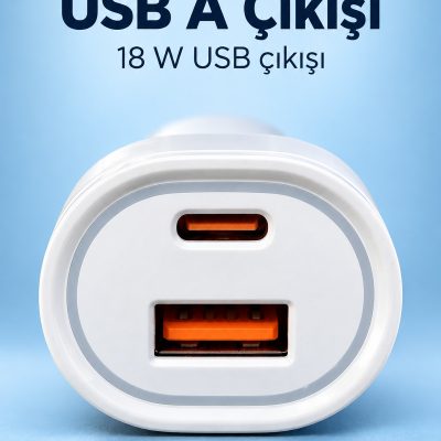 Type C ve USB A Çift Çıkışlı Araç Şarj Aleti