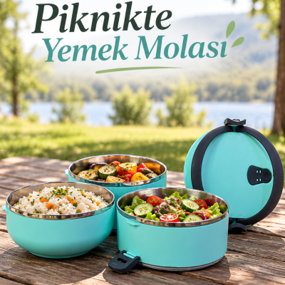 Üç Katlı Sefer Tası Sızdırmaz Kapaklı Çelik İç Hazneli Yemek Taşıma Kabı