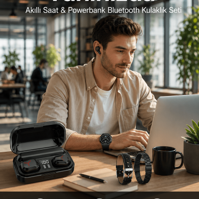 Ucuz Kaliteli Akıllı Saat ve Powerbank Bluetooth Kulaklık 5.1 Stereo ANC Özelliği