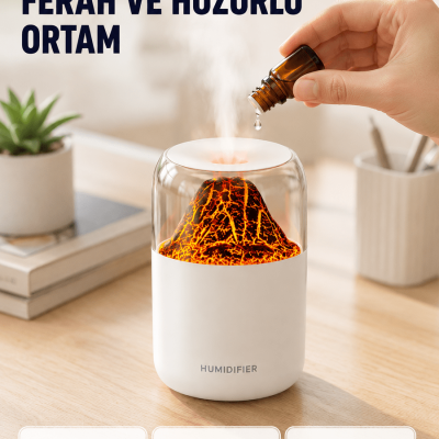 Ultrasonik Alev Efektli Aromaterapi Difüzörü USB Şarjlı ve Otomatik Kapanma Özellikli