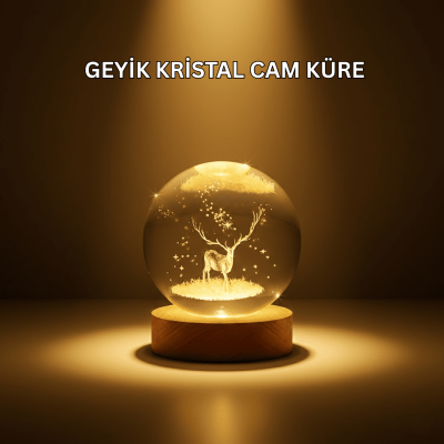 USB Bağlantılı Geyik Temalı Kristal Küre Premium Masa Gece Lambası