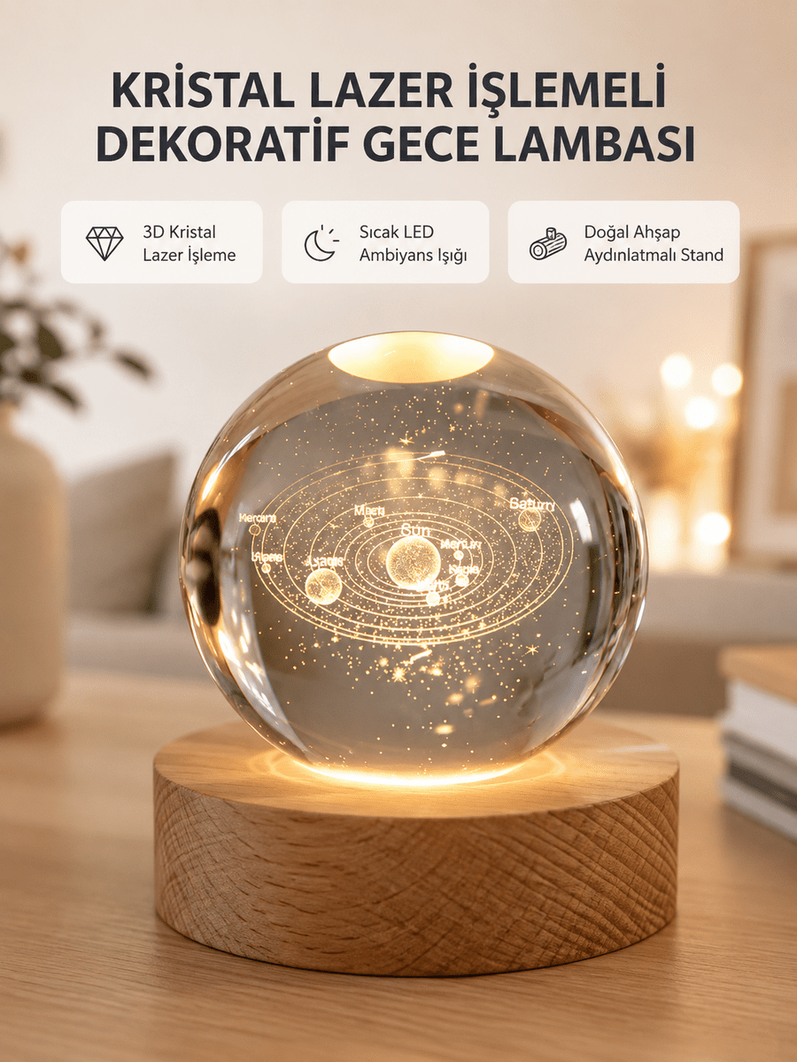 USB Bağlantılı Işıklı Kristal Küre Modern Ahşap Tabanlı Dekor