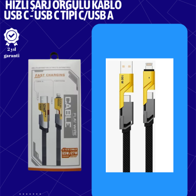 USB-C ve Lightning Uyumlu 4'ü 1 Arada Kablo – 65W Hızlı Şarj, Örgülü Dayanıklı Yapı