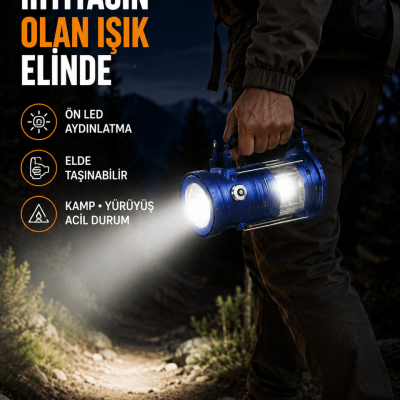 USB Şarjlı Çok Fonksiyonlu Kamp Feneri – Taşınabilir ve Dayanıklı