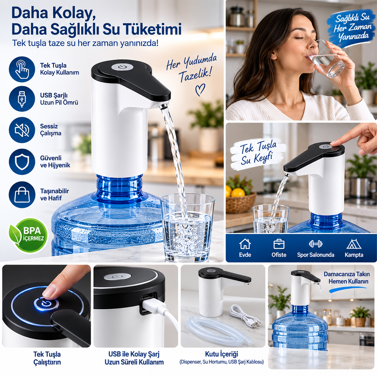 USB Şarjlı Otomatik Damacana Su Pompası